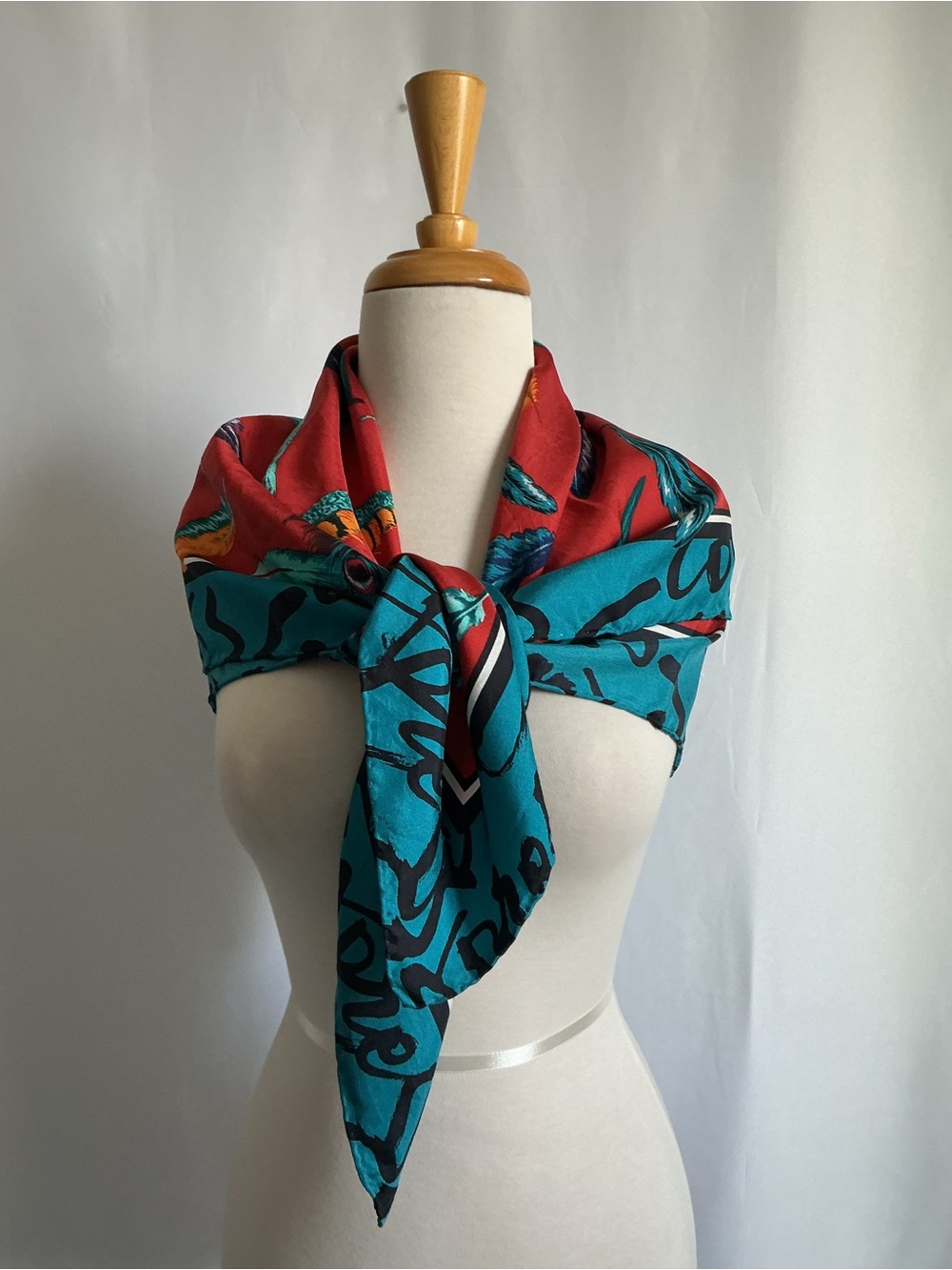 Express Teal and Red 100% Silk Scarf Feather Print Square One Size